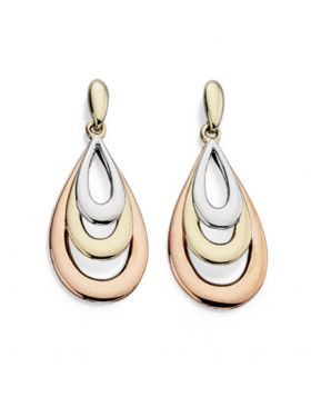 9CT EARRINGS Elegant drop earrings in silver, gold, and rose gold with layered teardrop design.